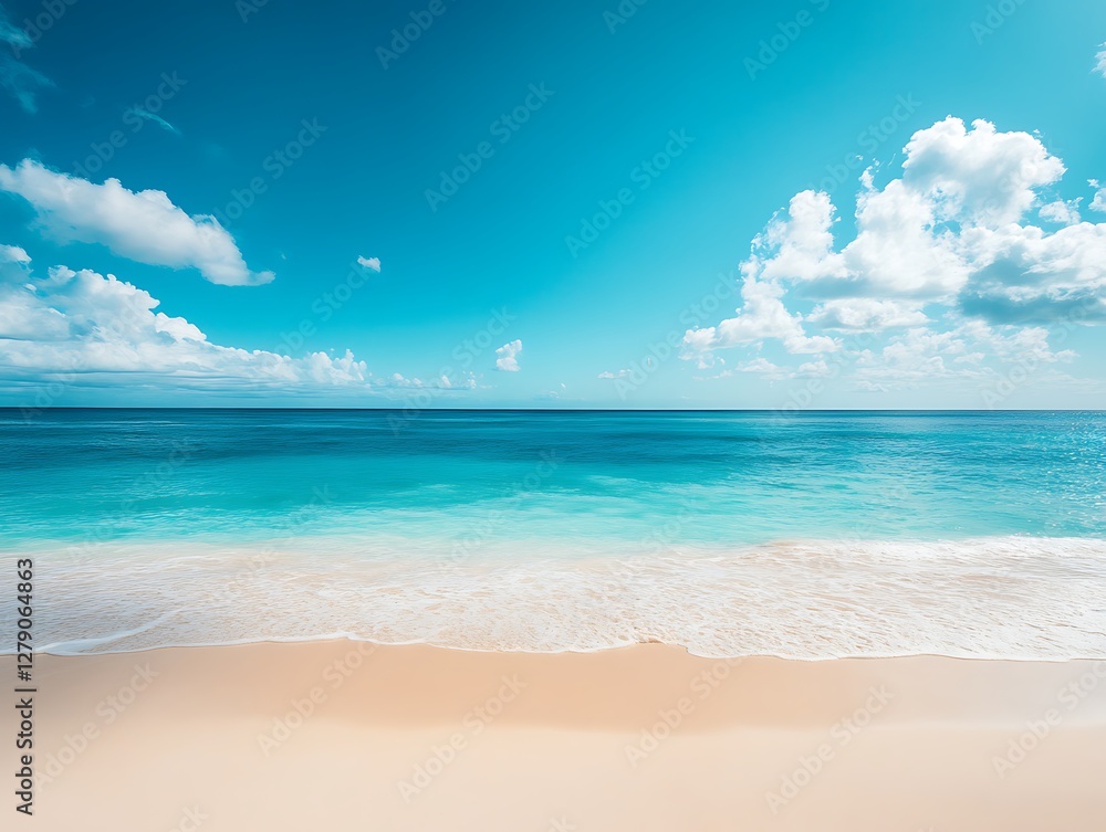 Fototapeta premium Idyllic beach scene with turquoise water, white sand, and blue sky.