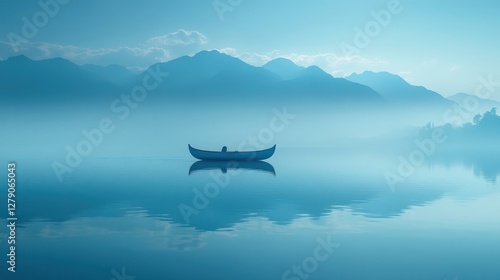 Wallpaper Mural Serene lake landscape photo featuring a lone rowboat under a misty sky, with mountains in the background. Perfect for tranquility, peace, and nature themes. Torontodigital.ca