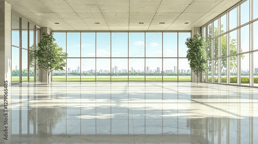 Bright and Spacious Modern Interior with Large Windows and Scenic City View Bright and Spacious Modern Interior with Large Windows and Scenic City View