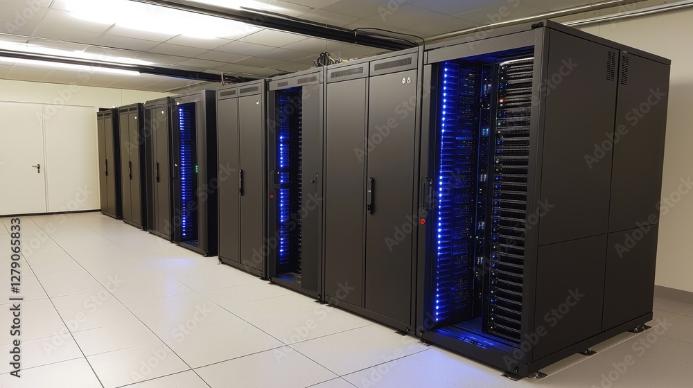 Secure data center with modern server racks and blue LED indicators, highlighting advanced computing. Ideal for IT, networking, and cybersecurity themes Secure data center with modern server racks and blue LED indicators, highlighting advanced computing. Ideal for IT, networking, and cybersecurity themes