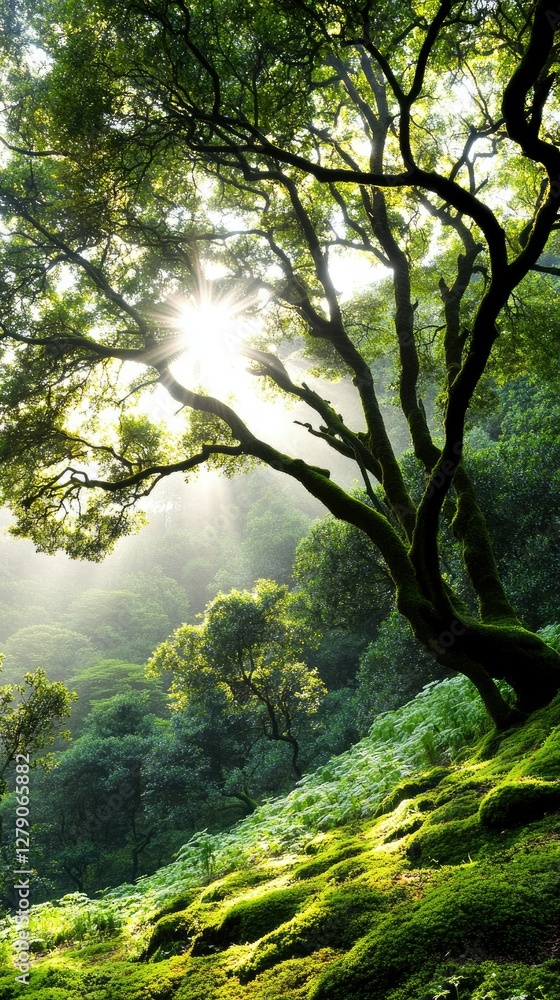 Fototapeta premium Sunlight filters through dense foliage in a serene forest, highlighting vibrant greenery and a peaceful atmosphere