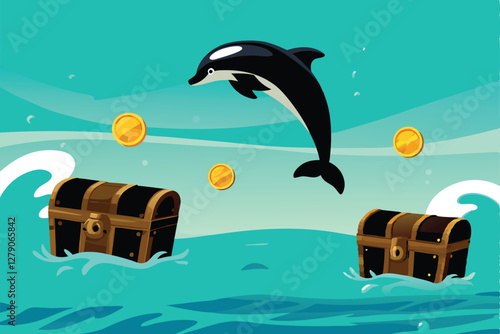 A playful dolphin acrobatically flips a gleaming golden coin above the turquoise ocean waves.  Detailed, realistic rendering. photo