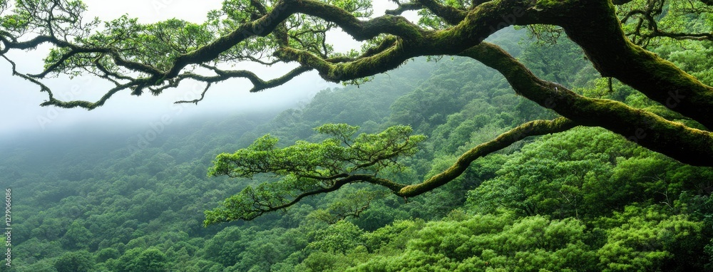 A breathtaking mountain landscape shrouded in mist features ancient trees, creating a peaceful and serene forest setting just at dawn