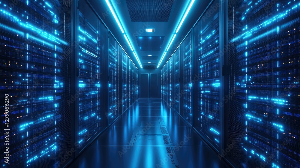 Futuristic server room with glowing blue racks, advanced network hardware, and a sleek reflective floor. Ideal for cybersecurity, cloud computing, and high-tech infrastructure visuals Futuristic server room with glowing blue racks, advanced network hardware, and a sleek reflective floor. Ideal for cybersecurity, cloud computing, and high-tech infrastructure visuals