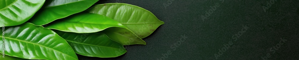 Green leaves arranged on a dark background showcasing their vibrant color and texture in a simple layout Green leaves arranged on a dark background showcasing their vibrant color and texture in a simple layout