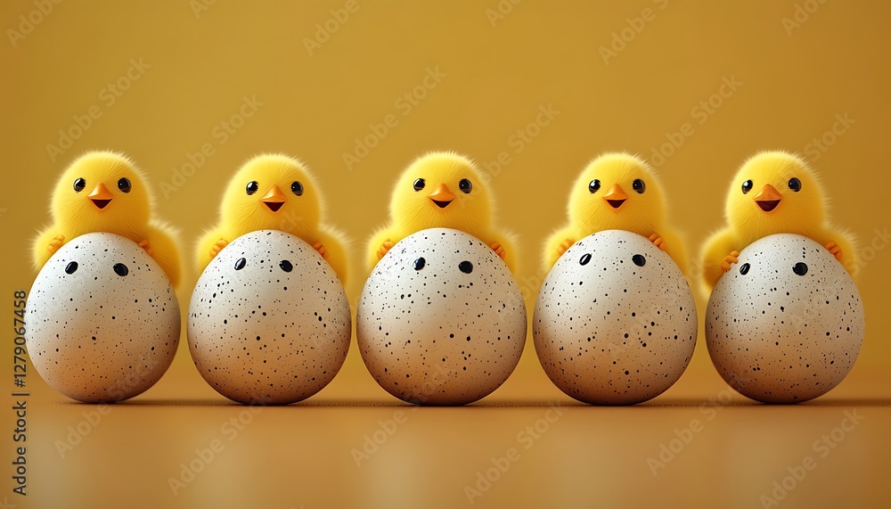 Cute chicks hatching, eggs, yellow background, spring Cute chicks hatching, eggs, yellow background, spring