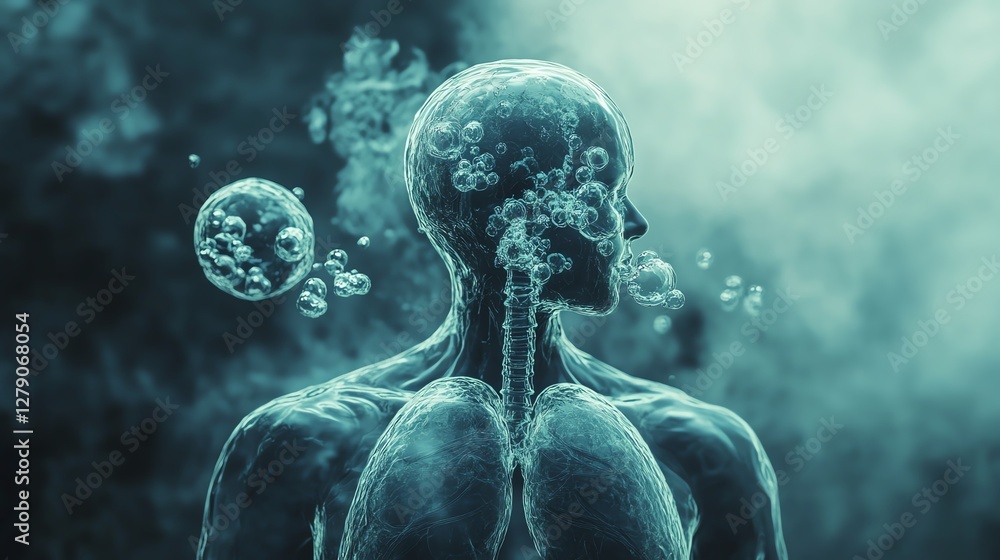 A person whose lungs have become broken bubbles, having difficulty breathing from the toxic air A person whose lungs have become broken bubbles, having difficulty breathing from the toxic air