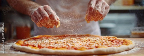 A chef sprinkling cheese over a freshly prepared pizza dough on a wooden table, showcasing culinary skill.