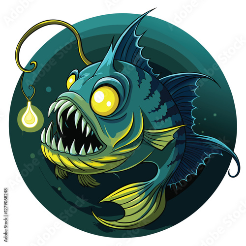 A bioluminescent anglerfish, its lure glowing enticingly, in the inky blackness of the deep ocean.  Detailed scales and bioluminescent features.