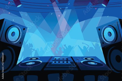 A vibrant, pulsating dancefloor scene illuminated by flashing lights, showcasing powerful speakers and energetic dancers.