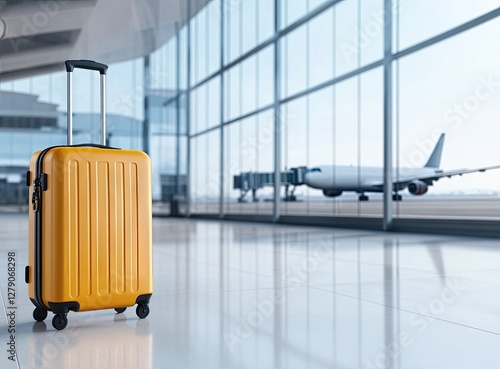 A bright yellow suitcase sits patiently at the bustling airport terminal while a plane readies itself for departure in the background photo