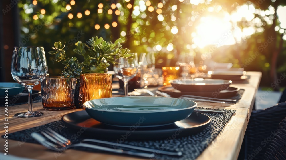 Fototapeta premium Impressive outdoor dining experience garden table setting warm ambient light eye level view inviting atmosphere for diners