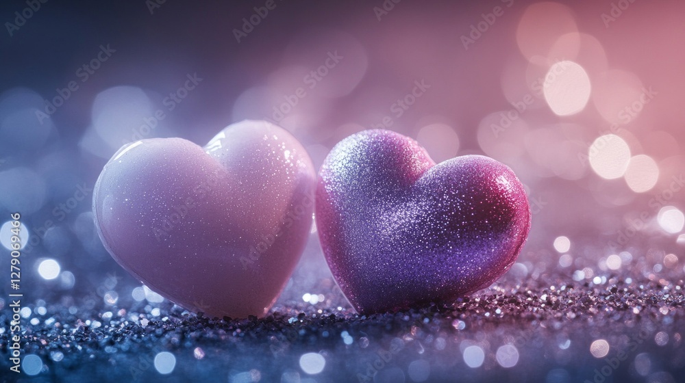 Fototapeta premium Two Glittering Hearts on Sparkling Background