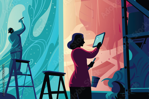 A vibrant, dynamic studio scene showcasing diverse artists passionately creating colorful artwork; capturing the energy and creativity of the art-making process.