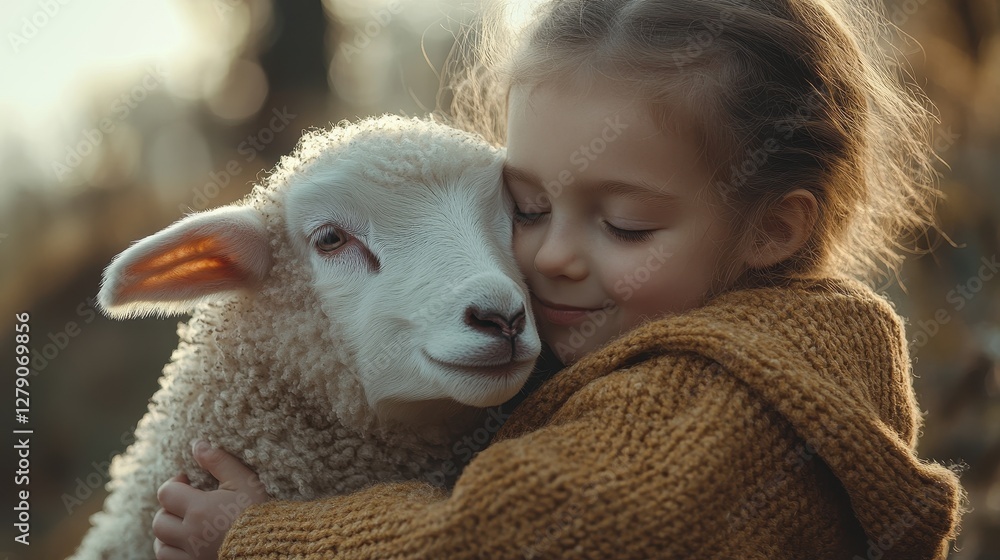 Child Embracing Sheep in Warm Brown Sweater at Sunset Glow Child Embracing Sheep in Warm Brown Sweater at Sunset Glow