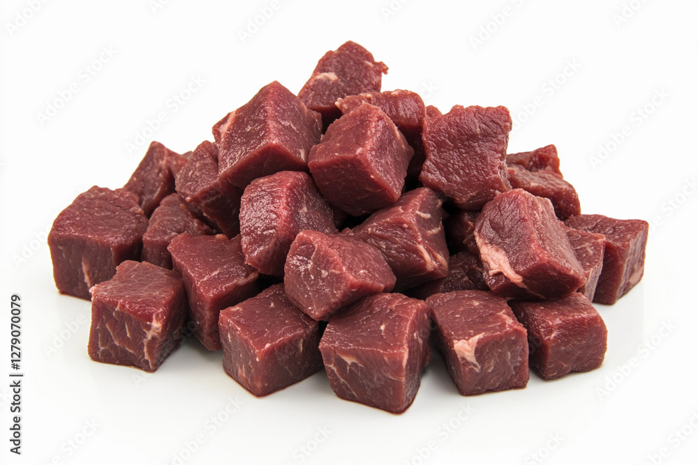 Fresh beef cubes piled high on a clean white background. Generative AI Fresh beef cubes piled high on a clean white background. Generative AI