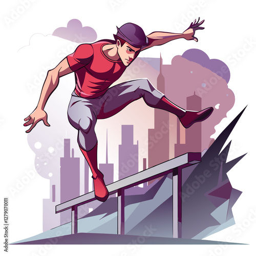 A dynamic parkour athlete executes a powerful vault over a metal railing in a city park, showcasing athleticism and skill.