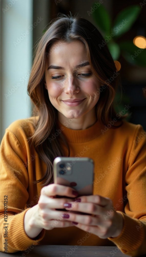 Woman sitting with hands on phone screen, expressionless face, natural lighting , focus, woman Woman sitting with hands on phone screen, expressionless face, natural lighting , focus, woman