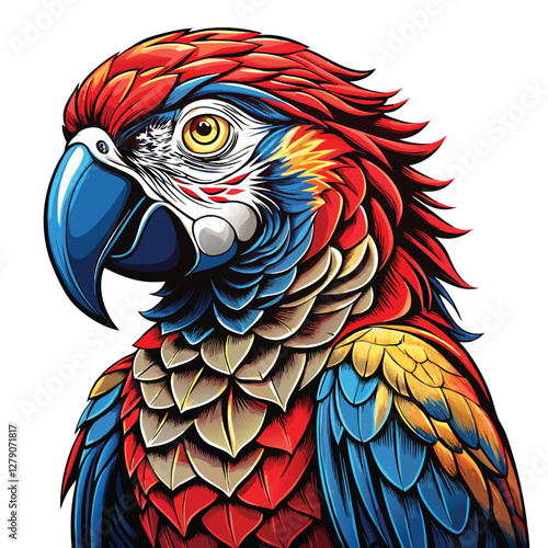 A vibrant parrot with highly detailed feathers, perched and tilting its head inquisitively.  Capture the intricate texture and color of its plumage.