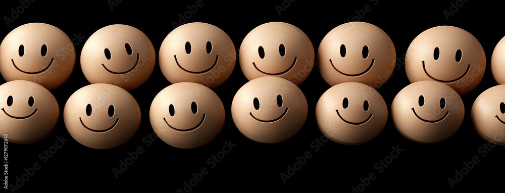 Collection of wooden smiley faces lined up against a dark background, showcasing joy and positivity in a simple design Collection of wooden smiley faces lined up against a dark background, showcasing joy and positivity in a simple design