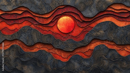 Abstract layered landscape with sun, curved lines, and textured patterns in warm sunset colors