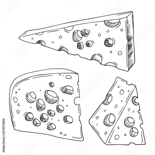 Cheese Doodle hand drawn line icon set. Different piece slice cheese for menu, design restaurant, cafe. Vector illustration