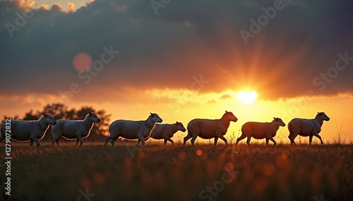 Wallpaper Mural Multiple Sheep Walking in Warm Sunset Field with Golden Clouds Torontodigital.ca