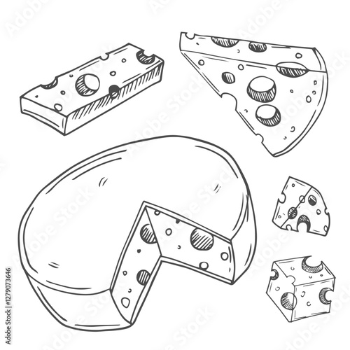 Cheese Doodle hand drawn line icon set. Different piece slice cheese for menu, design restaurant, cafe. Vector illustration