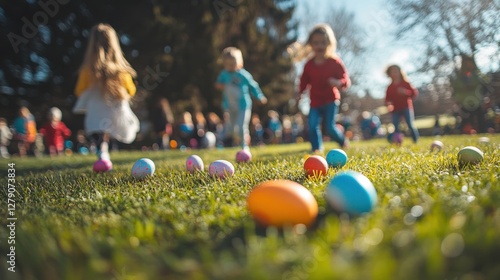 Children Playing Outdoors During Colorful Egg Hunt in Spring