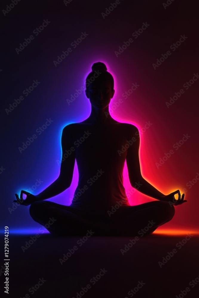 A silhouette of a person in a meditative pose, illuminated by vibrant blue and pink lights against a dark background. A silhouette of a person in a meditative pose, illuminated by vibrant blue and pink lights against a dark background.