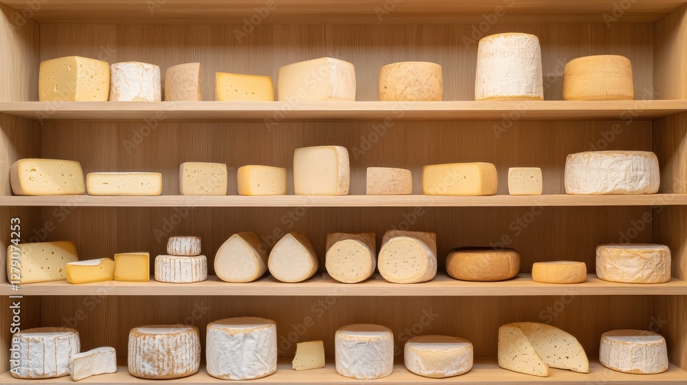A family-owned cheese shop with wheels of cheese displayed on rustic shelves, A family-owned cheese shop with wheels of cheese displayed on rustic shelves,