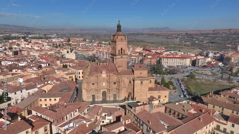 Aerial view of Guadix Cathedral and old town, snow capped Sierra Nevada in province of Granada, Andalusia, Spain. Aerial view of Guadix Cathedral and old town, snow capped Sierra Nevada in province of Granada, Andalusia, Spain.