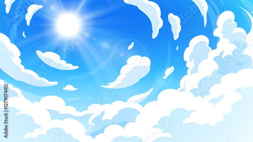 見上げた空と太陽と日差しの背景イラスト_16:9