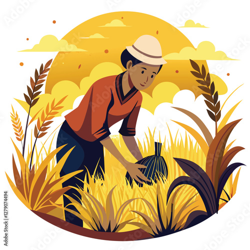 A person bends, harvesting golden rice in a sun-dappled paddy field, showcasing traditional farming methods.