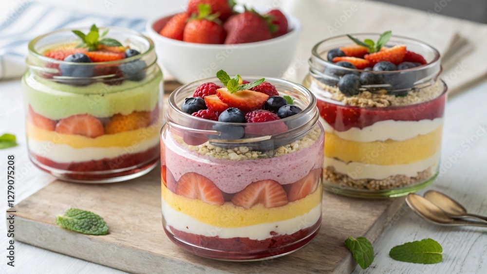 Colorful layered desserts in glass jars with fresh fruits and granola on a wooden board and strawberries Colorful layered desserts in glass jars with fresh fruits and granola on a wooden board and strawberries