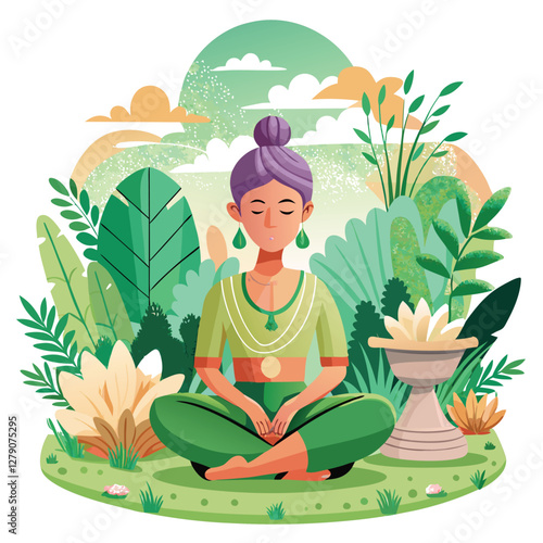 Serene ink illustration of a person meditating in a peaceful garden, surrounded by lush foliage and vibrant flowers.  Detailed, peaceful, calm.