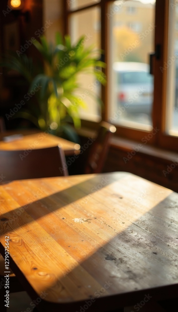 Wooden Dining Table With Blurred Background and Golden Lighting, dark atmosphere, modern furniture Wooden Dining Table With Blurred Background and Golden Lighting, dark atmosphere, modern furniture