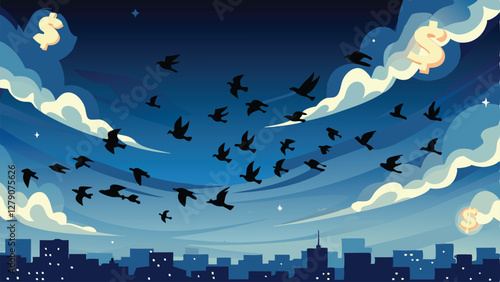 A breathtaking flock of birds in dynamic flight above a modern city skyline at dawn, detailed architecture visible.  (1) indicates a numbered series.