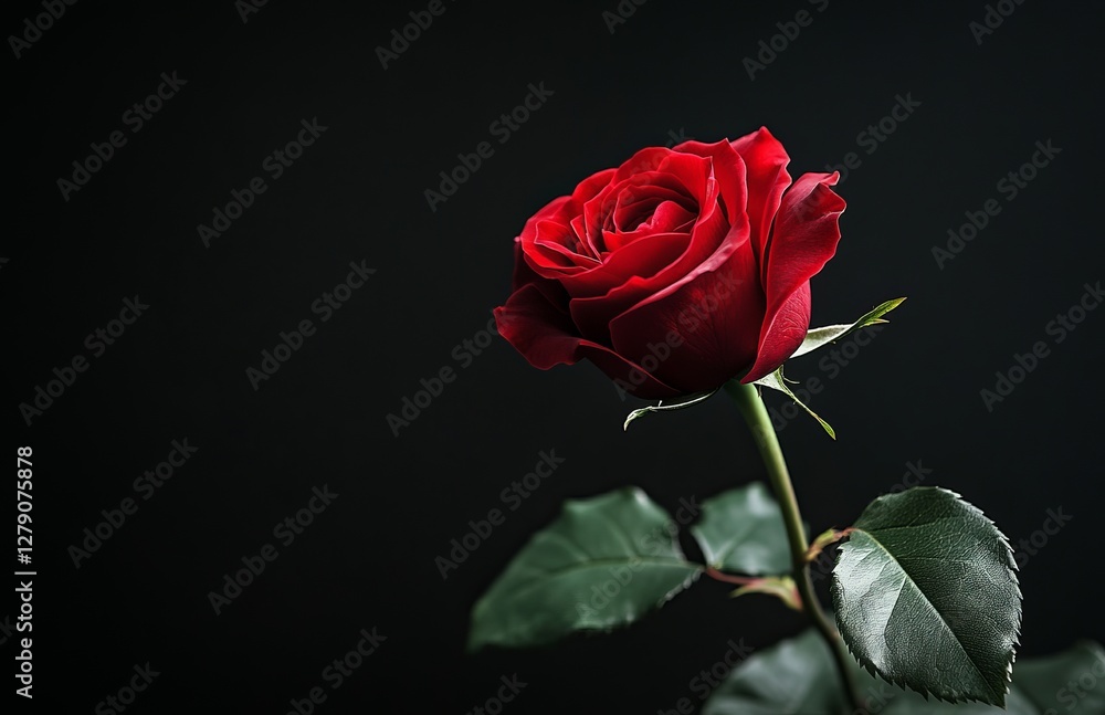 A single red rose with dark green leaves against a solid black backdrop A single red rose with dark green leaves against a solid black backdrop