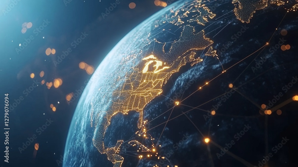 Obraz premium Illuminated globe distribution lines global connectivity digital art virtual environment aerial view data visualization