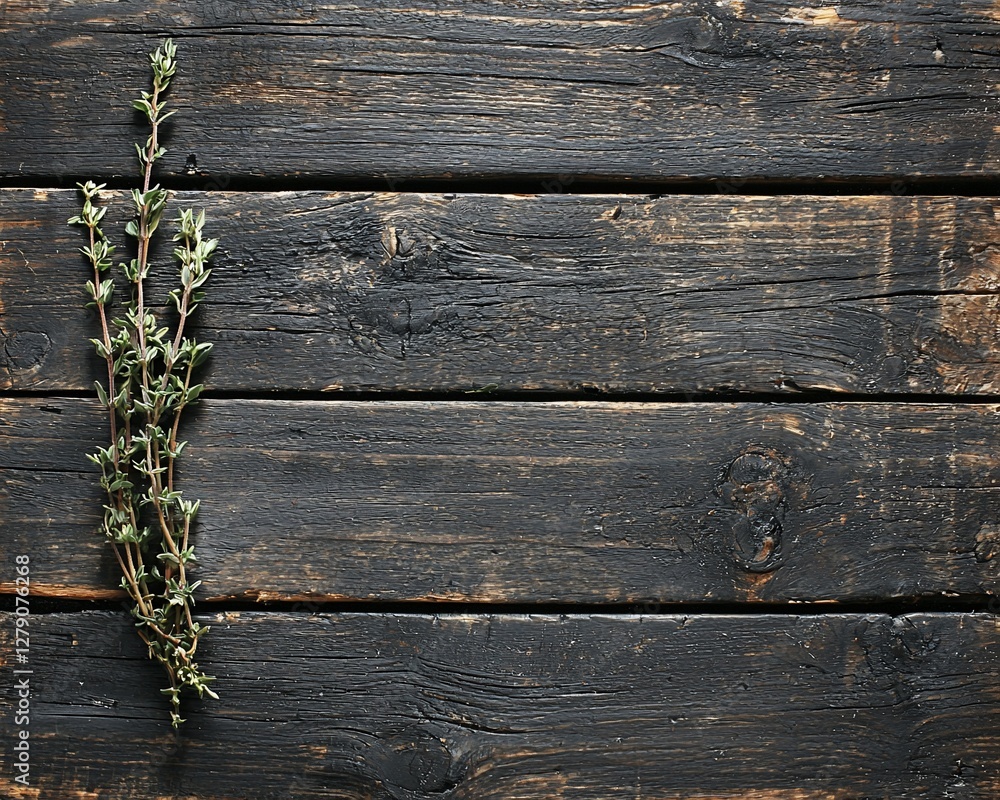 Fototapeta premium Fresh thyme sprig on dark rustic wooden background.