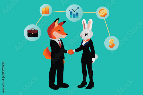 A shrewd fox and a timid rabbit shake hands, sealing a lucrative business deal;  a whimsical illustration of interspecies commerce.