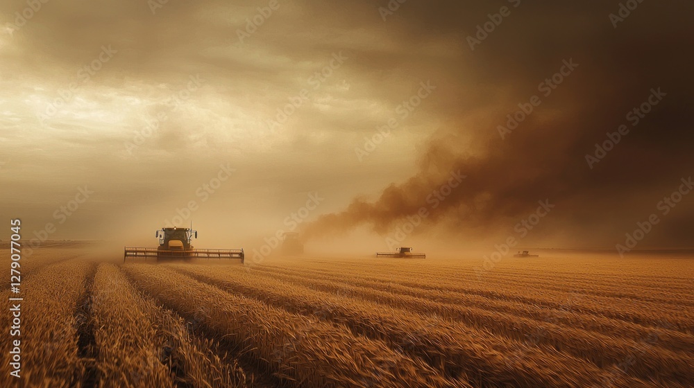 Harvest under a Stormy Sky: Golden Wheat Field with Combines Harvest under a Stormy Sky: Golden Wheat Field with Combines