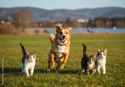 Cute and funny dog and cat group happily running and jumping in a field with a blurred background