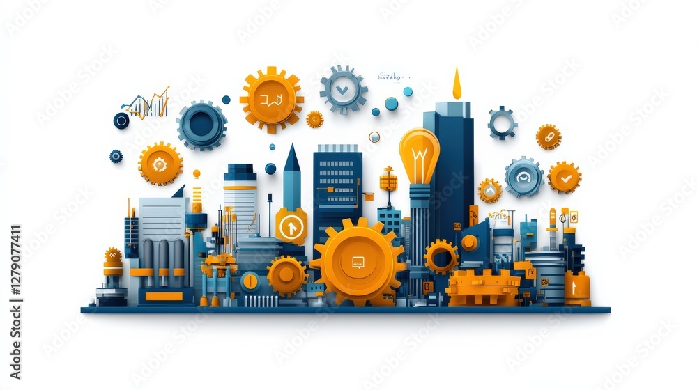 Obraz premium Colorful cityscape illustration featuring gears, skyscrapers, and innovative technology elements