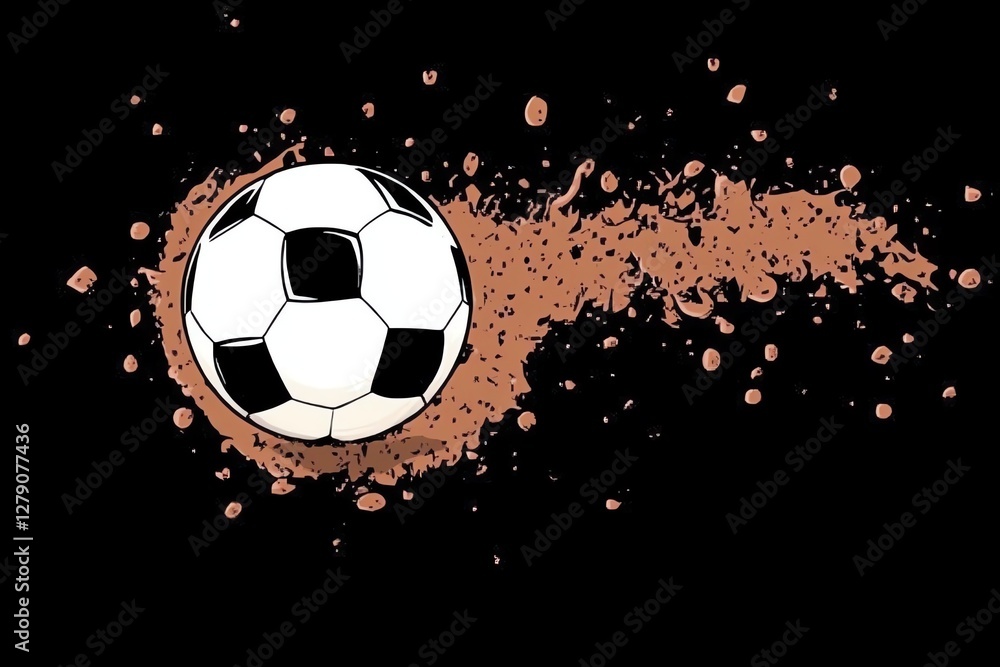 Fototapeta premium A dynamic soccer ball kicks up dust as it moves, capturing the energy and excitement of the game against a dark background.