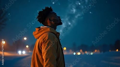 African American Man Breathing Vapor Looking Up At Night Sky in Winter