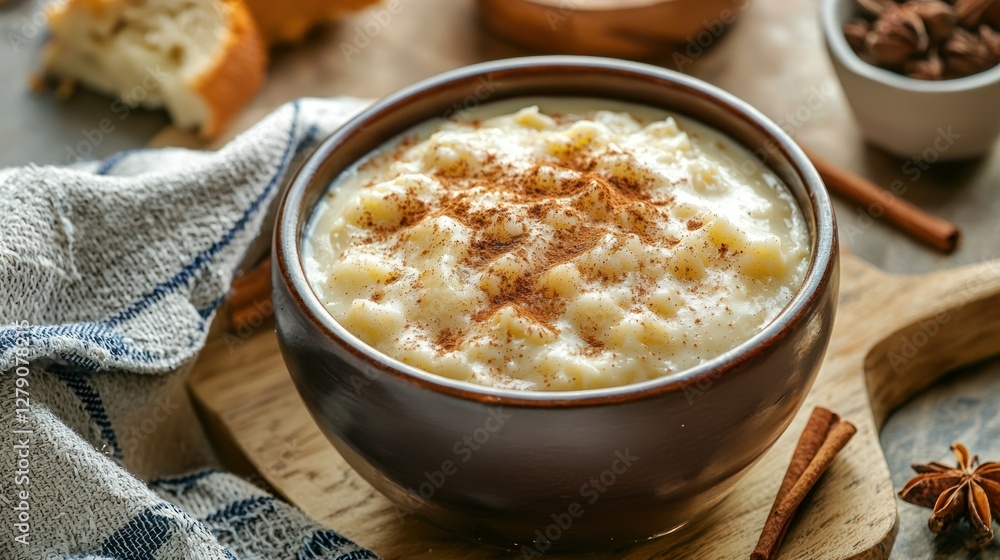 A bowl of warm, homemade bread pudding topped with vanilla sauce and a dusting of cinnamon. A bowl of warm, homemade bread pudding topped with vanilla sauce and a dusting of cinnamon.