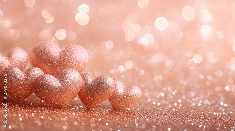 Fototapeta premium Rose gold glitter hearts on sparkling background