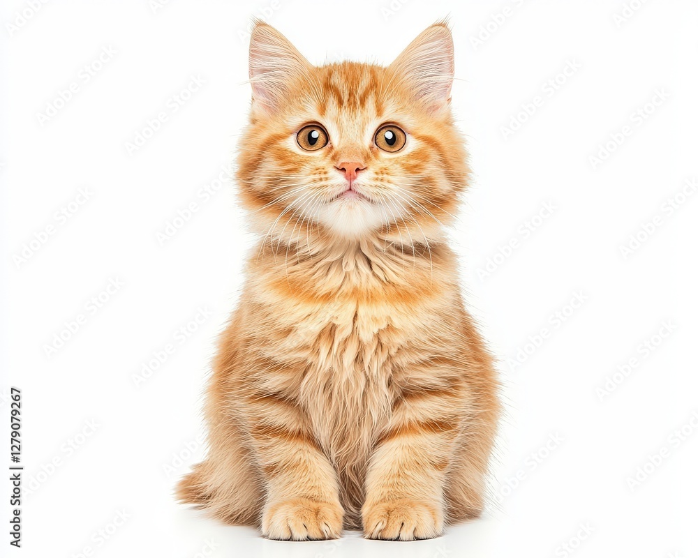 A cute orange kitten sitting upright with a fluffy coat and big, expressive eyes against a white background. A cute orange kitten sitting upright with a fluffy coat and big, expressive eyes against a white background.